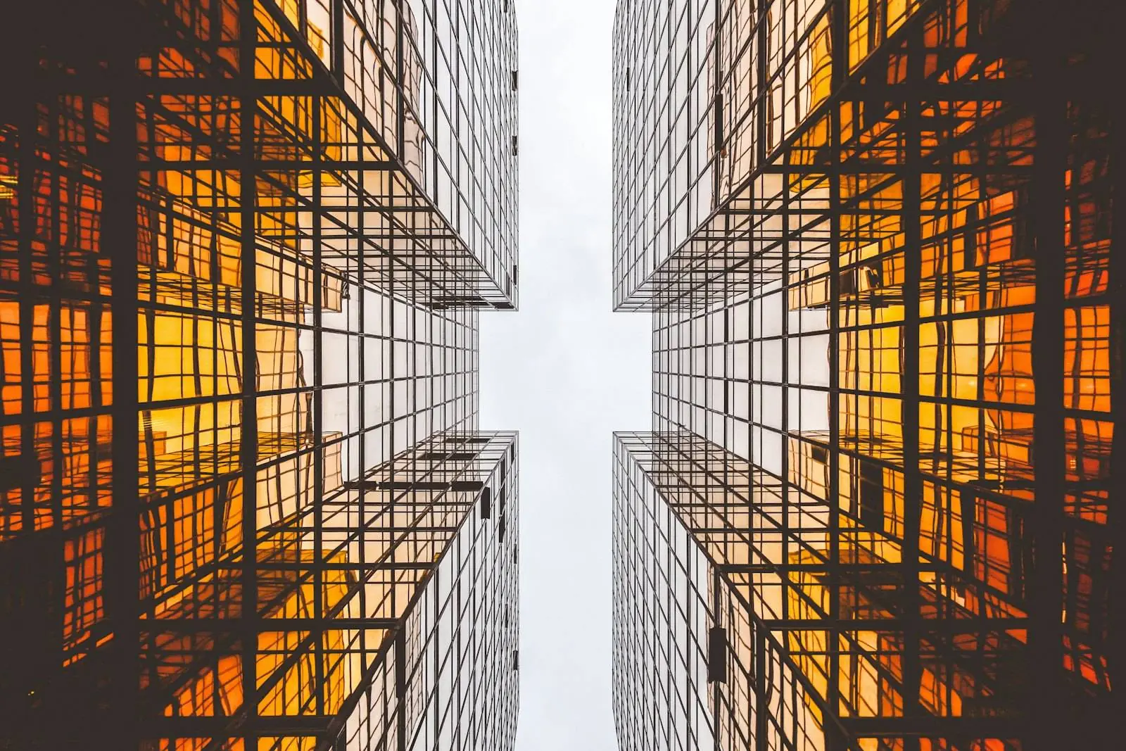 Glass office facades at sunset